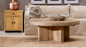 Table basse en bois d'orme massif, pied en croix, finition brut ambiance rustique, Ø105cm