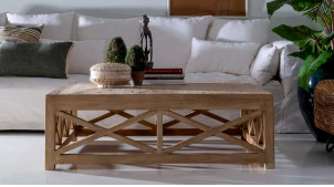 Grande table basse carrée en bois d'orme massif, ambiance charpente brute, 120cm