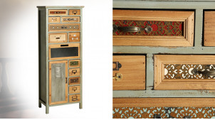 Meuble multi tiroirs en bois de sapin, ambiance vintage usé, 13 tiroirs et 1 porte, 127cm