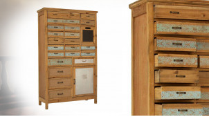 Meuble de rangement en bois à 22 tiroirs, touches de métal et de toiles, ambiance vintage, 130cm
