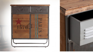 Buffet d'appoint en bois de sapin et métal gris anthracite, 2 portes et 2 tiroirs, ambiance atelier, 96cm