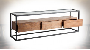 Meuble TV en métal de style linéaire épuré, plateau en verre et bloc tiroir en bois de sapin, 150cm