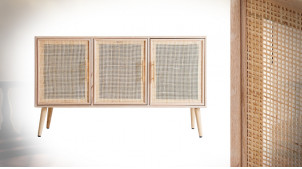 Buffet en bois à 3 portes de style scandinave, habillage effet jute, finition clair, 120cm