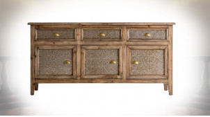 Buffet en bois de sapin vieilli et placage en alu gaufré argenté, 3 portes et 3 tiroirs, 150cm