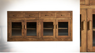 Buffet en bois de pin finition brut style rustique, 4 portes vitrées et 4 tiroirs, 160cm