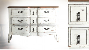 Commode à 9 tiroirs en bois finition blanc vieilli, style classico chic, 120cm