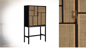 Meuble armoire en bois de pin à deux portes style rétro scandinave, finition noir et or, 144cm