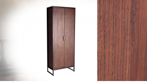 Armoire haute en bois finition wengé effet ciré, 2 portes et 2 étagères, ambiance rétro classique, 181cm