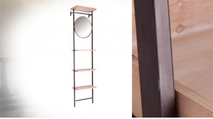 Etagère de salle de bain en bois de sapin et métal, miroir rond finition doré, 4 niveaux, 195cm