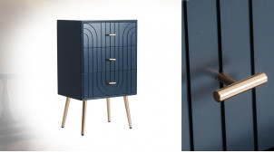 Meuble d'appoint à 3 tiroirs de style Art Déco, en bois de pin finition bleu minéral et pieds argentés, 75cm