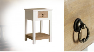 Table de chevet en bois finition blanc et naturel, style classique, 1 tiroir et 1 étagère, 48cm