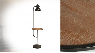 Lampadaire en métal et bois avec tablette ronde d'appoint, ambiance ancienne manufacture, 143cm