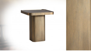 Table d'appoint en métal finition bronze cuivré, style contemporain design, plateau en verre noir, 45cm