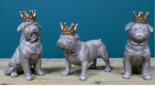 Série de 3 chiens en résine finition argenté effet ancien, trois têtes couronnées, 16cm