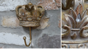 Crochet mural en métal en forme de couronne finition doré ancien, ambiance classique chic, 18cm