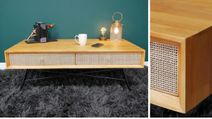 Table basse en bois rotin et pieds en métal finition charbon, 4 tiroirs, ambiance scandinave moderne, 120cm