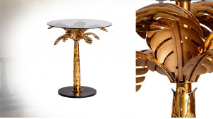 Table haute d'appoint ronde avec pied palmier finition doré ancien, plateau en verre épais, Ø65cm