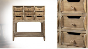 Console haute en bois finition clair naturel, 9 tiroirs et 1 étagère, ambiance rustique, 90cm
