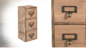 Petit meuble à 3 tiroirs en bois de sapin finition brut naturelle, avec portes étiquettes finition laiton, 27cm