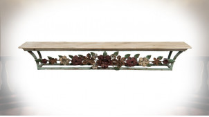 Etagère murale en bois de sapin clair et métal vieilli, guirlande de fleur style vieille campagne, 78cm