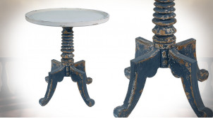 Table d'appoint ronde en bois style vieux métal oxydé, finition bleu pétrole ancien et blanc antique, Ø70cm