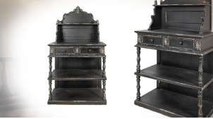 Meuble d'entrée en bois finition noir vieilli, ambiance classique chic, avec étagères et tiroirs, 142cm