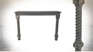 Console en applique en bois finition bleu gris vieilli, avec pieds tournées, ambiance classique, 123cm