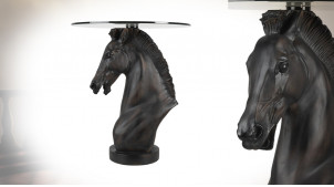 Table d'appoint ronde avec plateau en verre, base en trophée de cheval finition marbre noir, Ø50cm