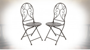 Set de 2 chaises en métal finition noir charbon, avec dossier en volutes, style jardin anglais, 93cm