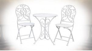 Salon de jardin Suzannet, table ronde et 2 chaises, en métal finition blanc antique