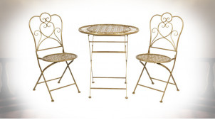 Salon de jardin Goldentime, en métal finition doré ancien effet laiton, 1 table et 2 chaises