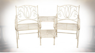 Banc de jardin Venise, style fauteuils avec table d'appoint centrale, en métal finition crème antique, 160cm