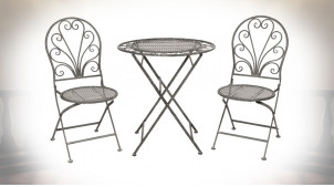 Salon de jardin Orlano, en métal finition gris fer patiné ancien, 1 table et 2 chaises