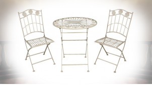Salon de jardin Chasteigner, en métal finition blanc ivoire, 1 table et 2 chaises