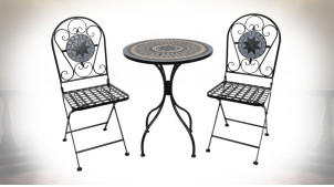 Salon de jardin Pracomtal, en métal finition noir charbon avec table en mosaïque colorée