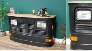 Meuble bar style partie avant d'un camion Tata Motors, avec clignotants et phares, finition noir ancien et plateau en bois, 160cm
