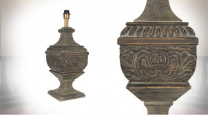 Grand pied de lampe en bois sculpté finition brun patiné doré, Ø24cm / 65cm