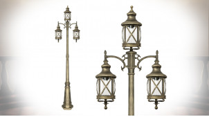 Grand lampadaire en aluminium finition bronze doré, 3 feux, lanternes hautes de style vintage, 235cm