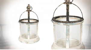 Lanterne ronde en bois vieilli bleu et métal oxydé, toit ajouré avec anneau de suspension, Ø28cm / 46cm