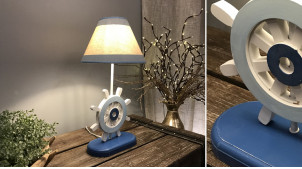 Lampe à poser en bois avec forme de gouvernail, finition bleu vieilli et blanc antique, 40cm