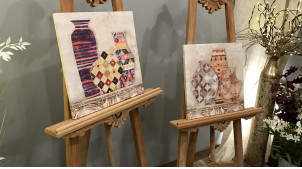 Série de 2 toiles avec vases motifs carreaux de ciments, style vintage, teinté sable et violet, 40cm