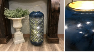 Grande lanterne en aluminium finition bleu cobalt patiné bleu électrique et doré brillant, Ø24cm / 71cm