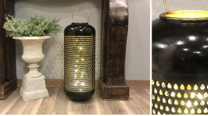 Grande lanterne en aluminium finition noir charbon et doré brillant, Ø24cm / 71cm