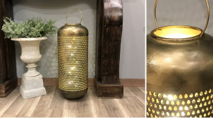 Grande lanterne en aluminium finition noir charbon patiné laiton ancien et doré brillant, Ø24cm / 71cm