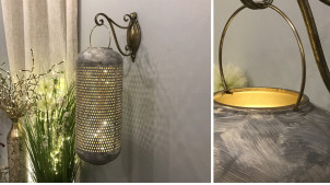 Grande lanterne en aluminium finition gris antique patiné crème et doré brillant, Ø24cm / 71cm