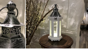 Petite lanterne hexagonale en bois blanchi et métal vieilli noir, ambiance romantique chic, Ø15cm