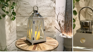 Lanterne pyramidale en bois blanchi et métal chromé argent, ambiance moderne chic, 47cm