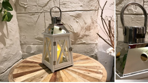 Petite lanterne blanche décorative en bois et métal chromé, en forme de pyramide, chic et originale, 34cm