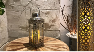 Petite lanterne décorative en métal effet dentelle chromée argent, ambiance moderne chic, 34cm