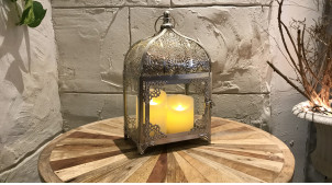 Petite lanterne en métal ciselé, finition argenté brillant, modèle rectangulaire, 35cm